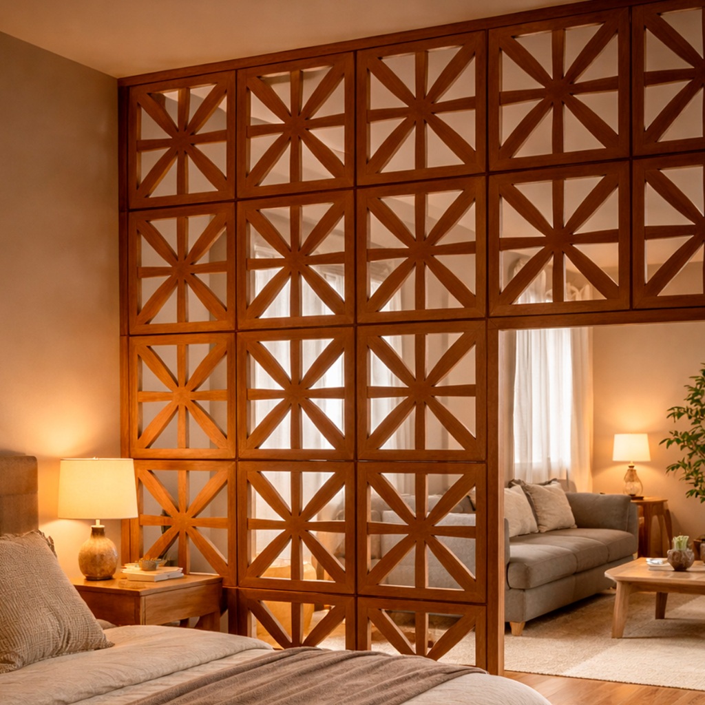 Kit 24 Placas Divisorias MDF 29x29cm Cobogo Decorativo Amadeirado Painel Vazado Para Divisao De Ambientes Decoracao Casa