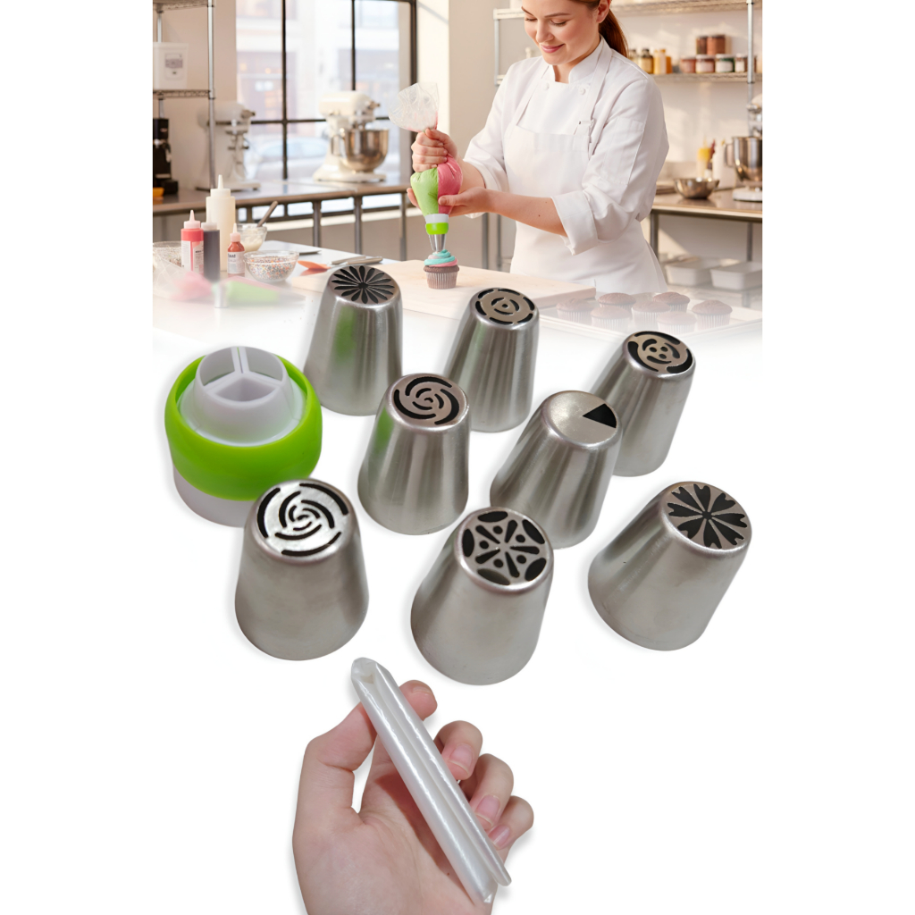 Bico de Confeiteiro Russo de Inox Com Saco de Confeitar e Acoplador de 3 Cores Faz Flor