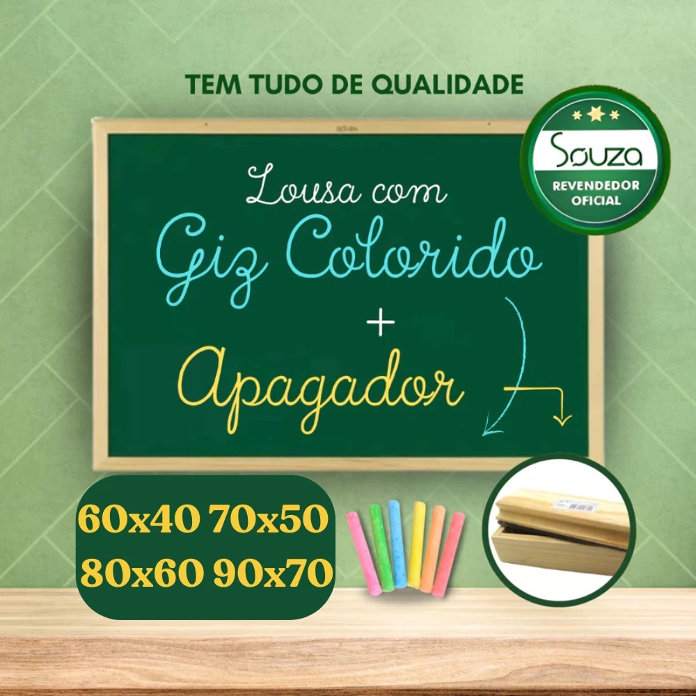 Lousa Quadro Escolar Souza com Porta Giz apagador + Giz 60x40  - 70x50 - 90x70 Educação e Qualidade Escolar em Oferta na Shopee