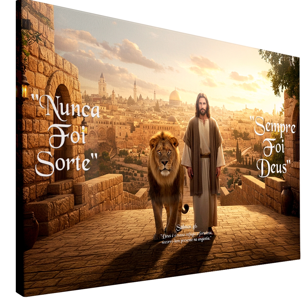 Quadro decorativo religioso Jesus Leao de Juda Nunca foi Sorte Sempre foi Deus para quarto sala hall