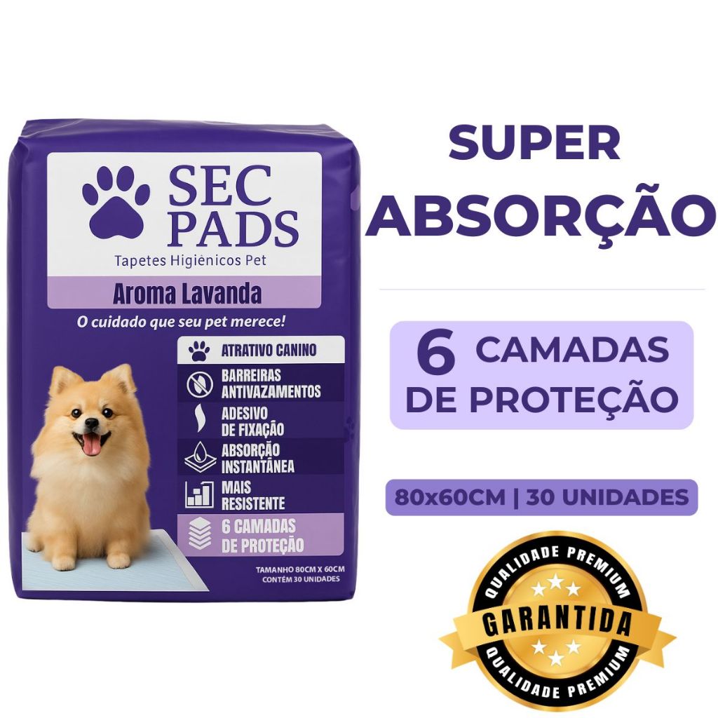 Tapete Pet Higiênico 80x60cm 30 Unidades Com Cheirinho de Lavanda e Adesivo Fixador 6 camadas Não vaza