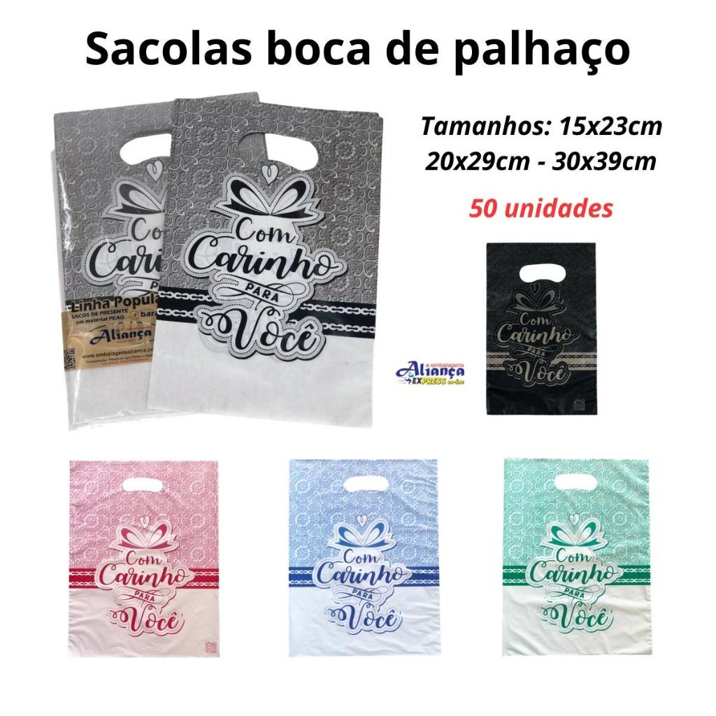 Sacolas Boca de Palhaço 0,8 Tema Com Carinho 50un Tamanhos a Escolha