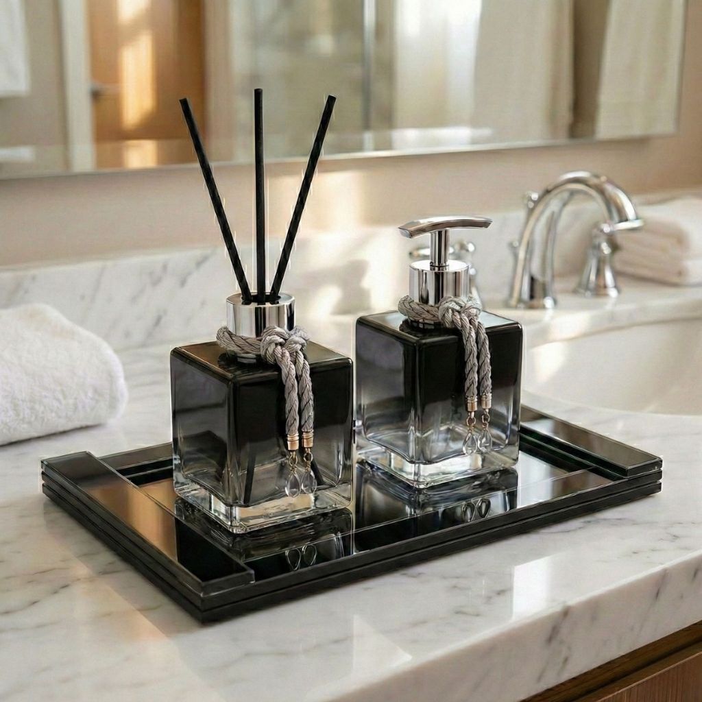 Kit Lavabo e Difusor Aromatizante Sabonete Liquido Cubo Luxo De Vidro Com Bandeja Trama em Oferta na Shopee