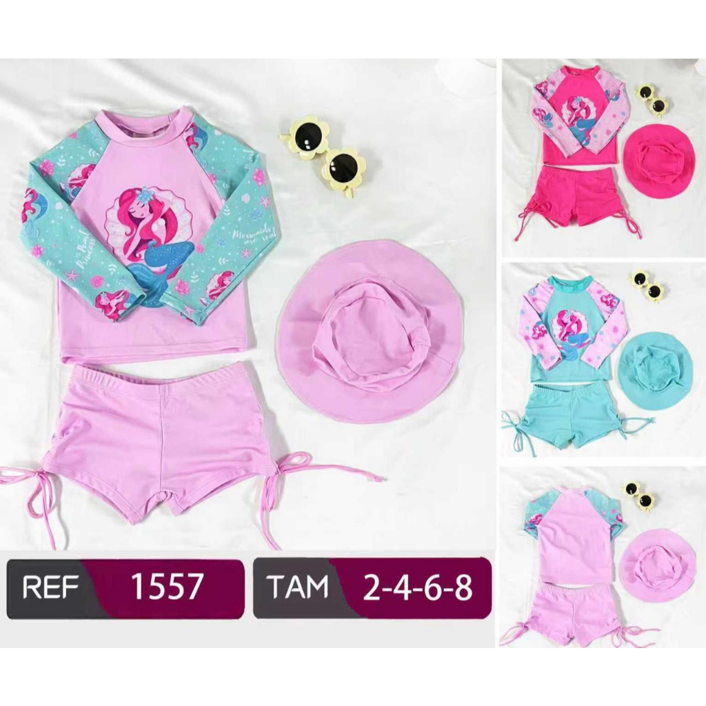 Kit Biquíni Infantil Manga Longa Sereia Com Chapéu Proteção UV50+ Menina Conjunto Praia Piscina Verão Luxo 1557