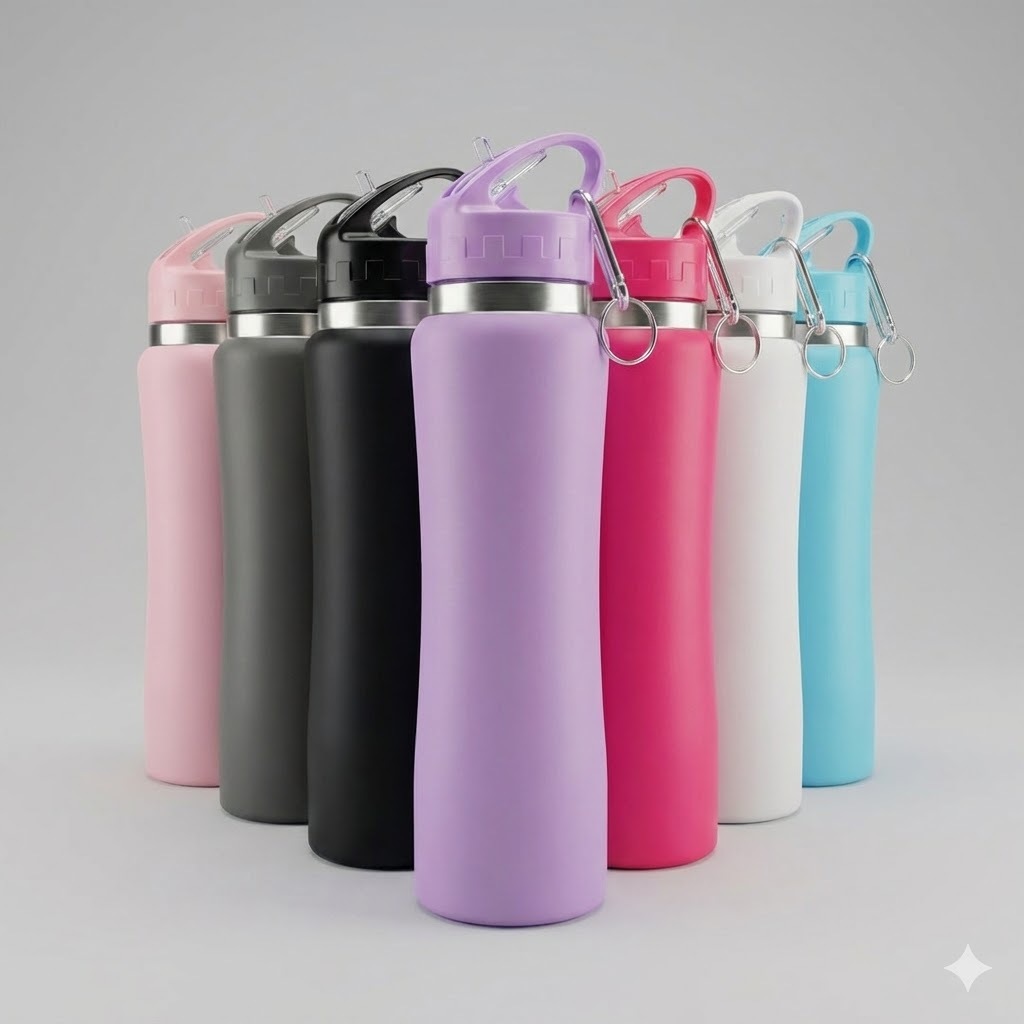 Squeeze de Agua 750ml Aço Inox Com Canudo E Mosquetão Fitness Garrafa Garrafinha d'agua