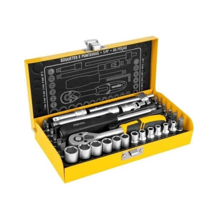 Kit Soquetes Ponteiras Vonder 33 Peças Caixa Metálica Sextavados 1/4 4-13mm Jogo Ponteiras