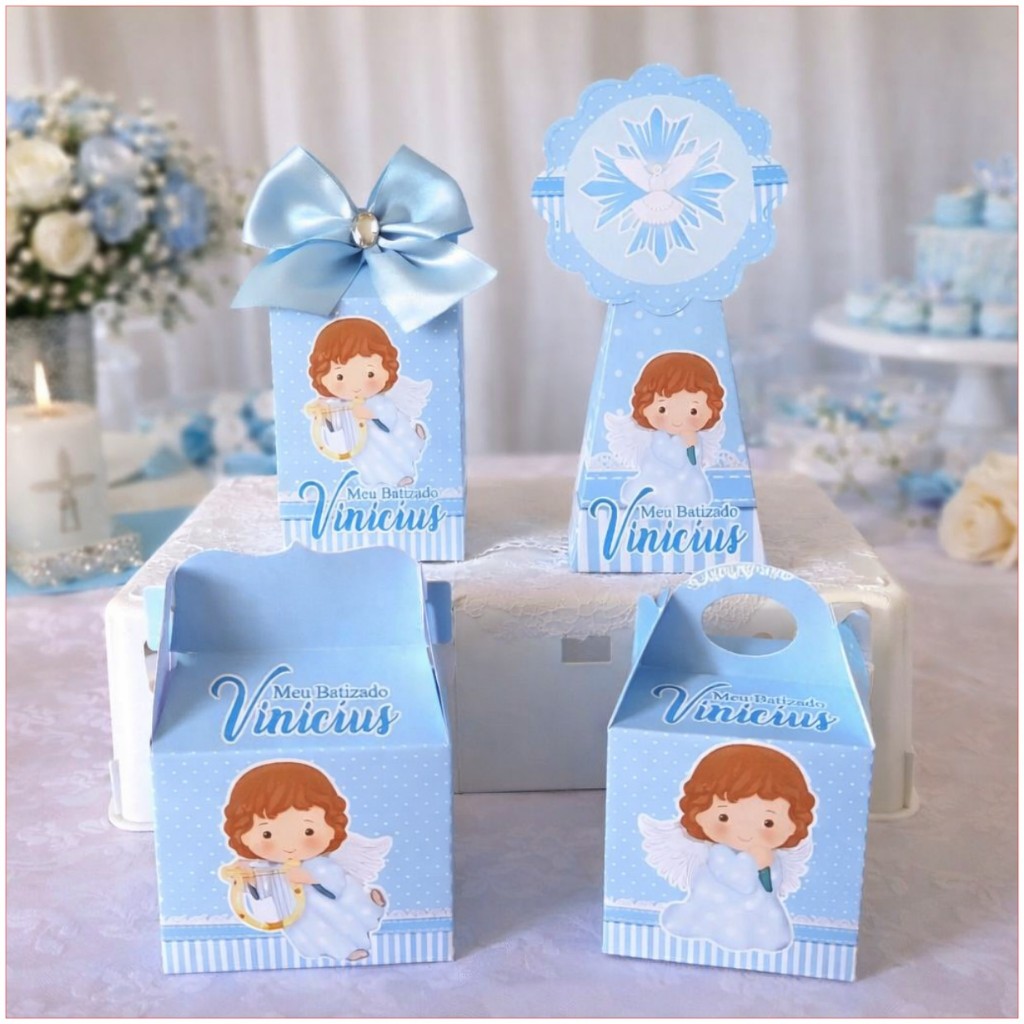20 Lembrancinhas Batizado azul pegue e monte/personalizados/kit festa /caixinhas para a aniversário