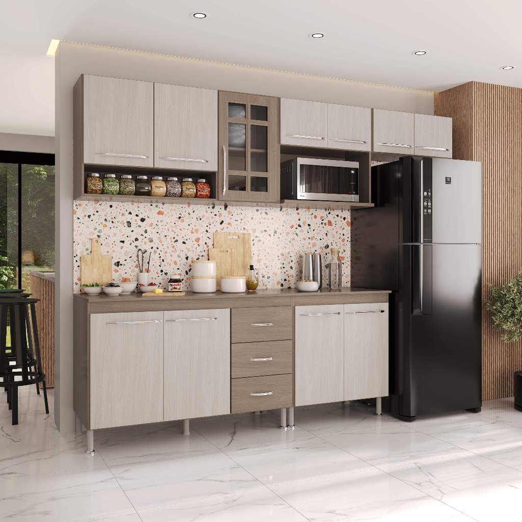 Armário de Cozinha Modulada Completa Fidelitá Paris 5 Peças 260cm 11 Portas 3 Gavetas Com Tampo Nogal/Salinas em Oferta na Shopee