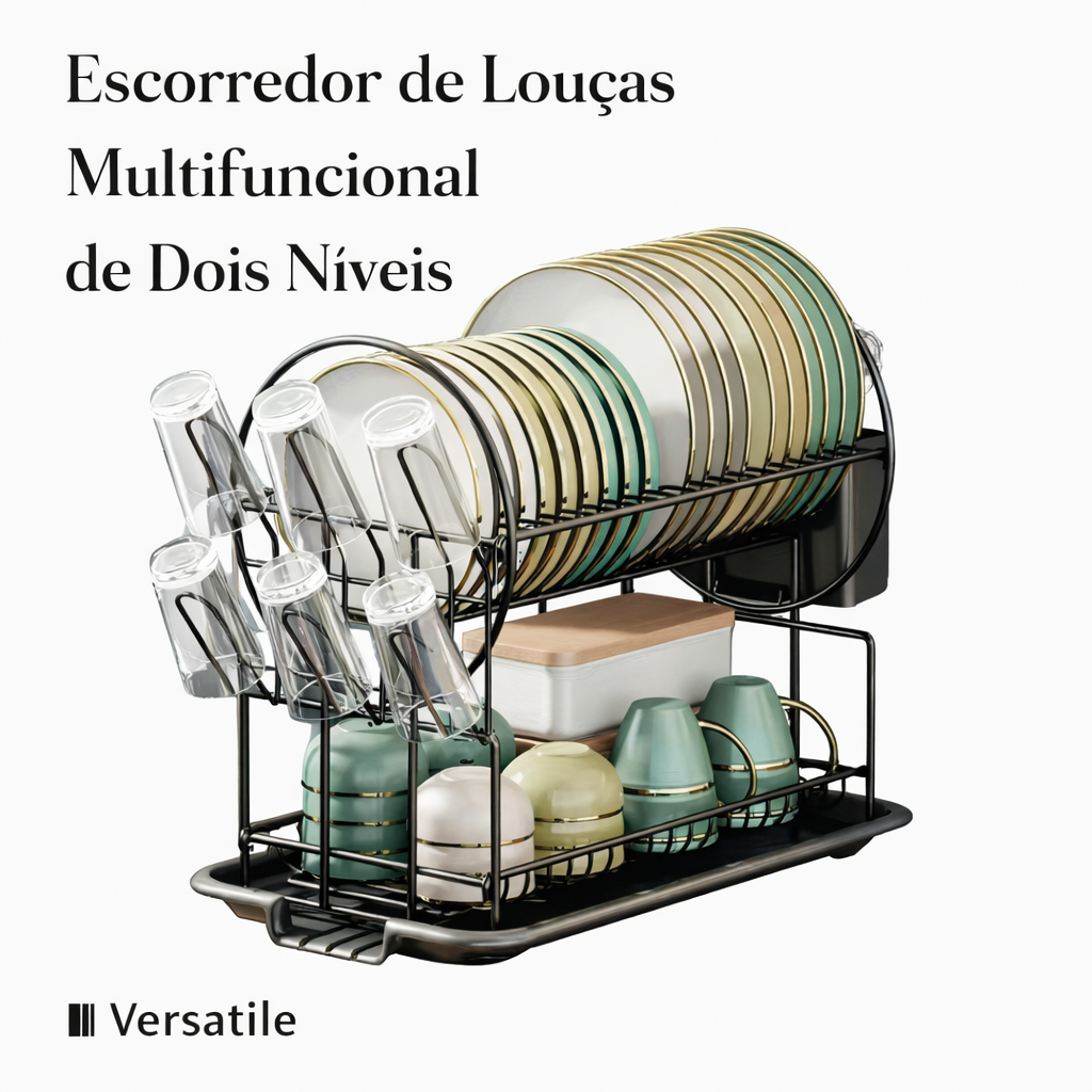 Escorredor de Louça 2 Andares Preto com Bandeja Coletora e Porta-Talheres – Anti Ferrugem em Oferta na Shopee