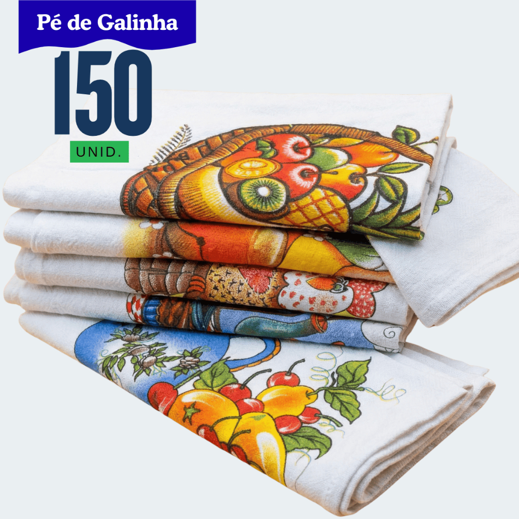 Kit 150 Panos de Prato Pé de Galinha 66x41cm 100% Algodão | Pano de Copa Grande Atacado