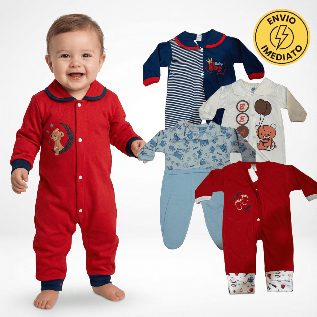 Kit 4 Macacão Menino Bebê Estampado Algodão Vira Pé Reversível Inverno Confortável Enxoval Macio