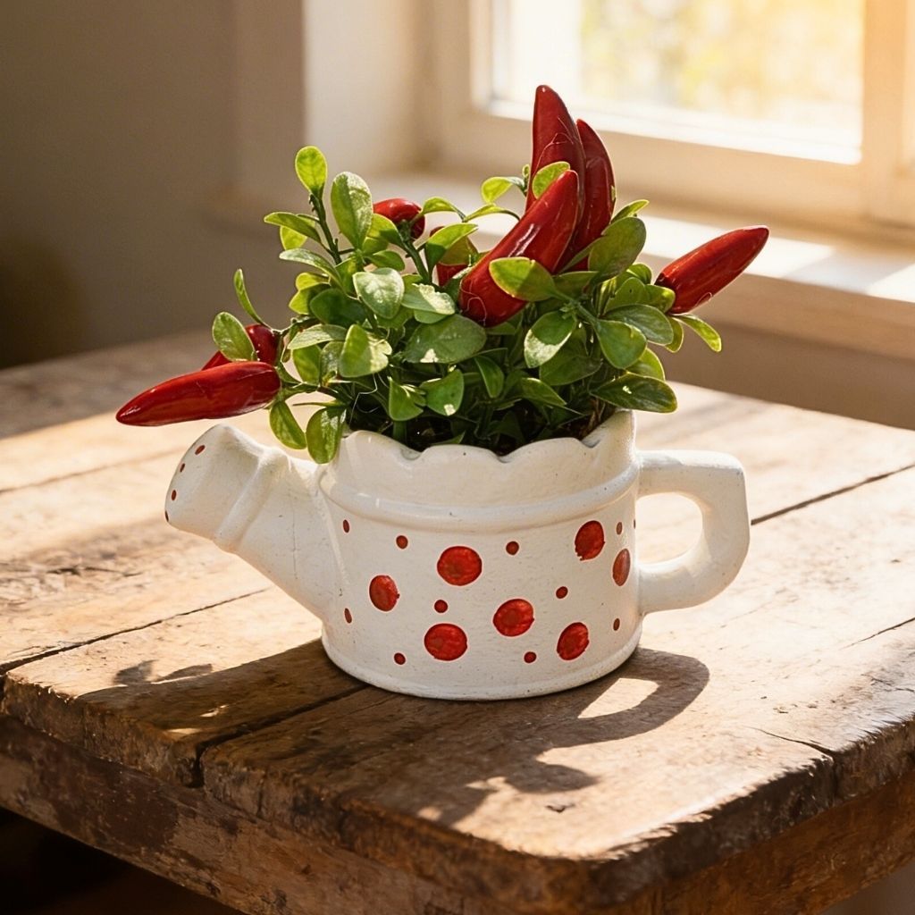 Vaso em com Pimenta Cachepot Regador em Cerâmica com Plantas Artificiais