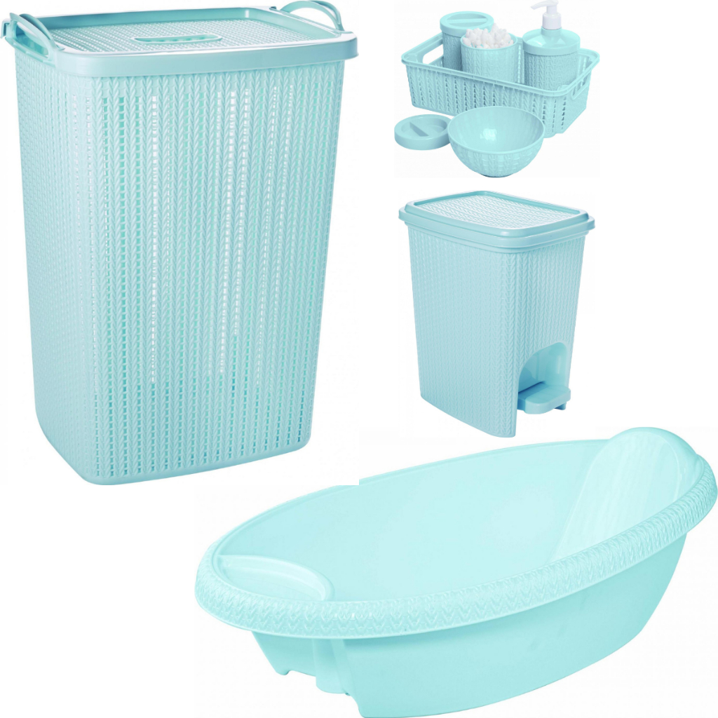 Kit Cesto de Roupa 40L, Banheira 19L, Lixeira 7L e Kit Higiene com Porta Sabonete Linha Trama AZUL