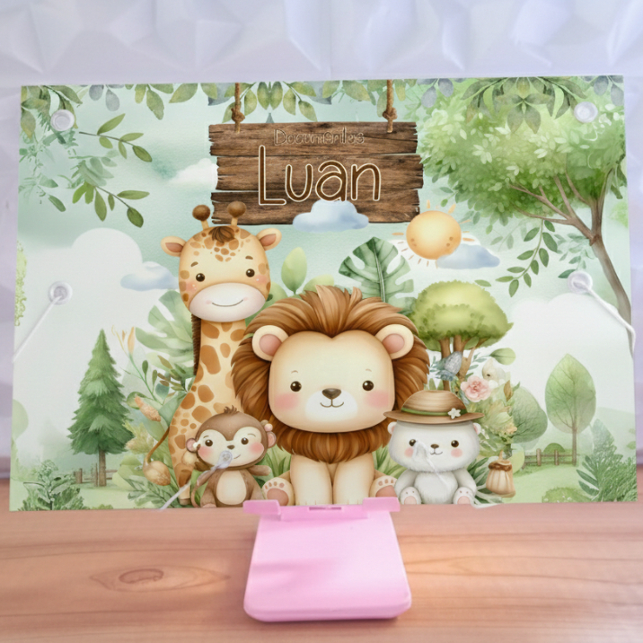 Pasta A5 1/2 Oficio Personalizada Documentos do Bebê, Infantil | Caderneta de Vacinação/Saúde | Safari Semi Cartonada