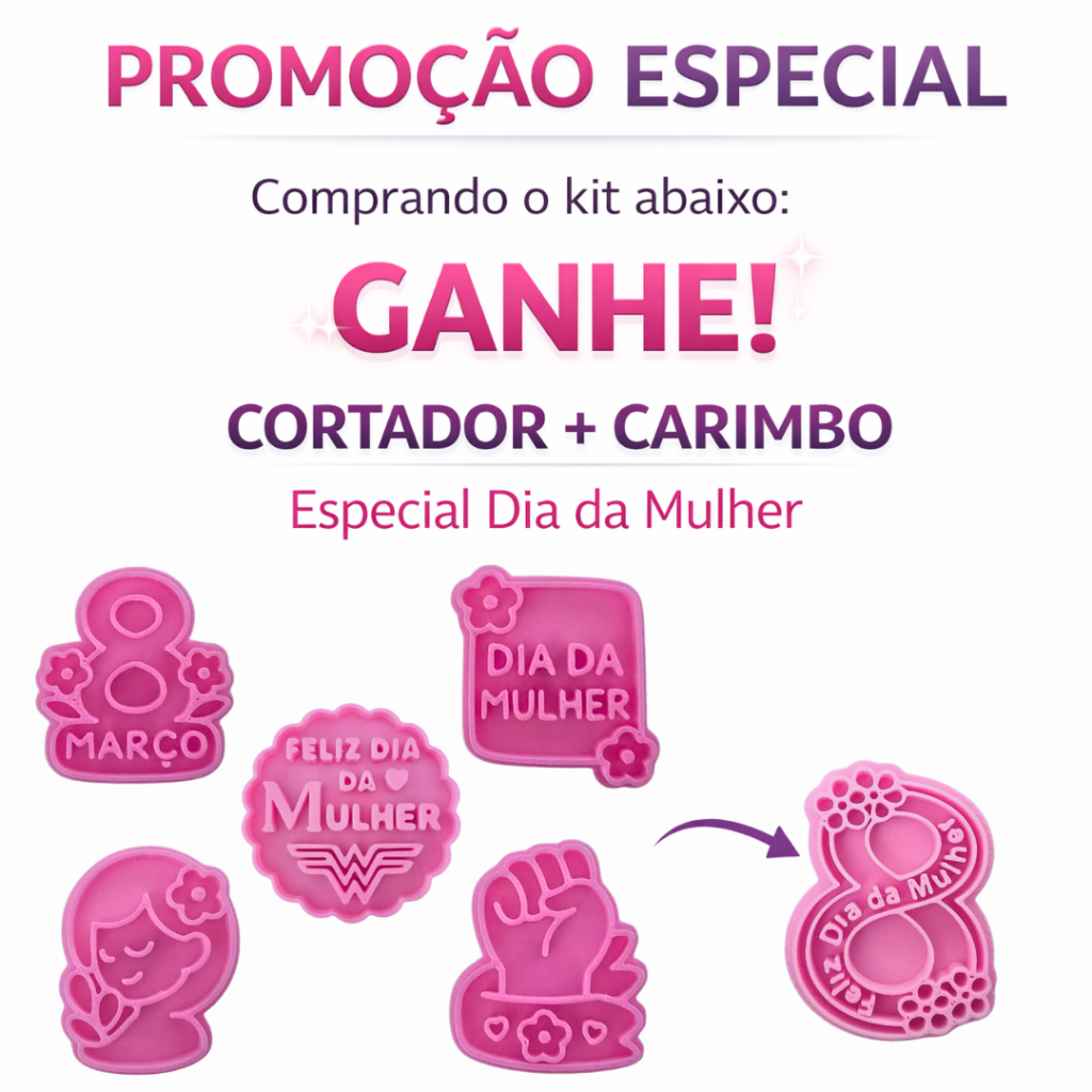 Kit Profissional 5 Cortadores + Carimbos Dia da Mulher Biscoito 3D | 5cm | DelicArt3D + 1 Carimbo Brinde em Oferta na Shopee