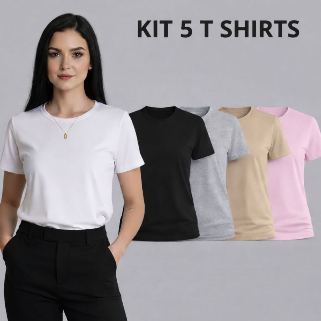 Kit 5 Camiseta Feminina T Shirt Algodão Gola Redonda Basica Lisa 100% Algodão em Oferta na Shopee