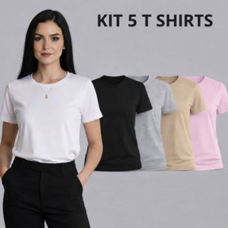 Kit 5 Camiseta Feminina T Shirt Algodão Gola Redonda Basica Lisa 100% Algodão em Oferta na Shopee