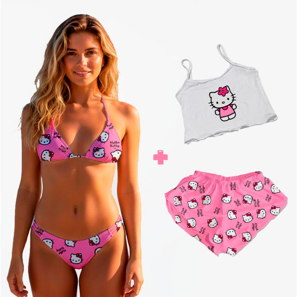 KIT PRAIA BIQUINI SHORT E BLUSA PERSONAGEM PINK