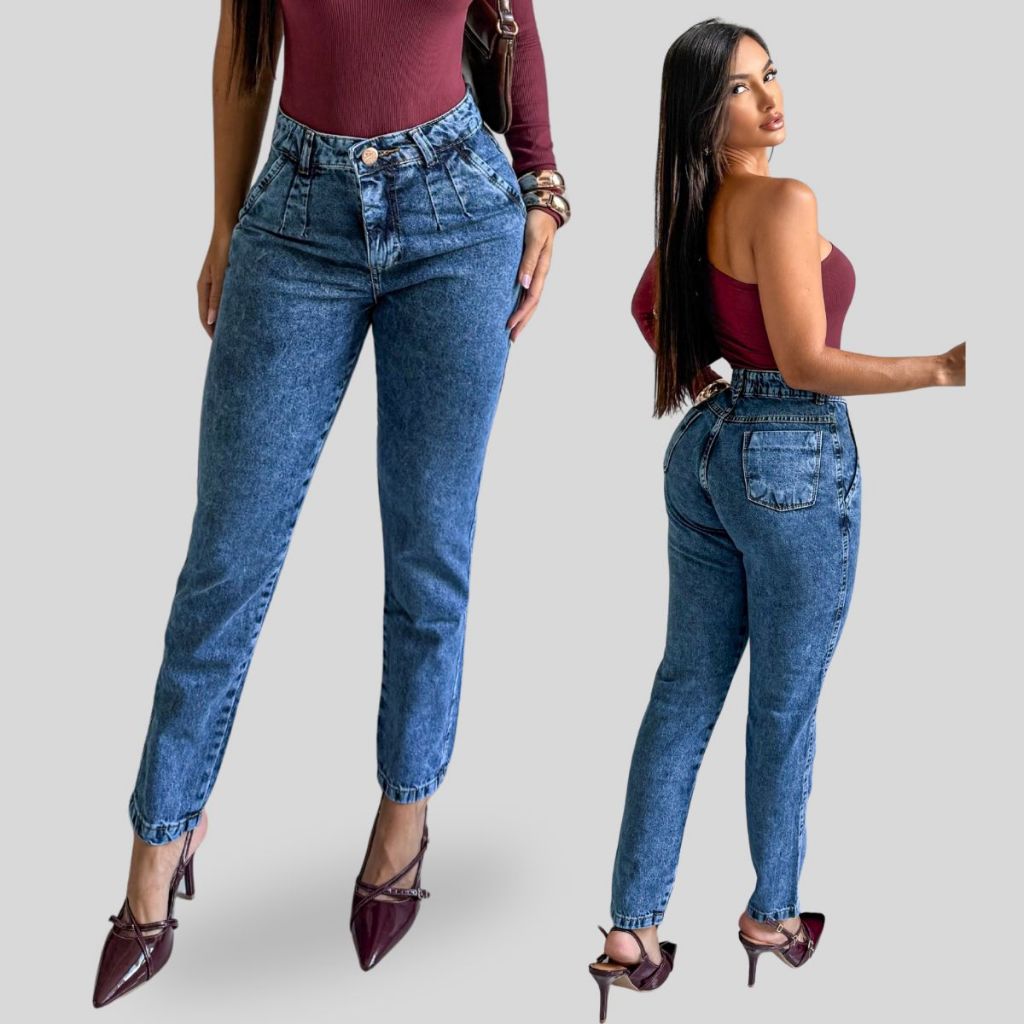 Calça MOM Feminina Jeans Premium Levanta Bumbum Cintura Alta 100% Algodão Lisa Marmorizada