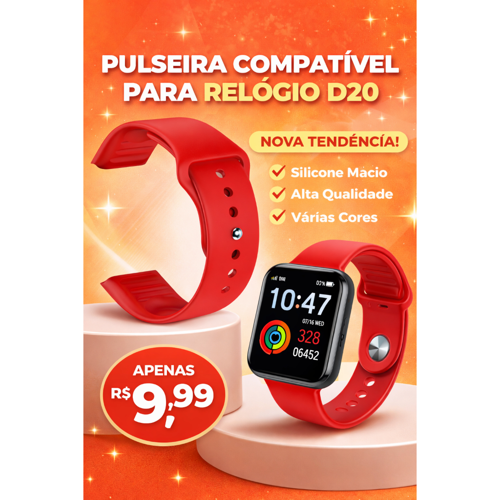 Pulseira compatível Relógio Smartwatch D20, Y68, d13, d18, 116 Plus  Vermelha