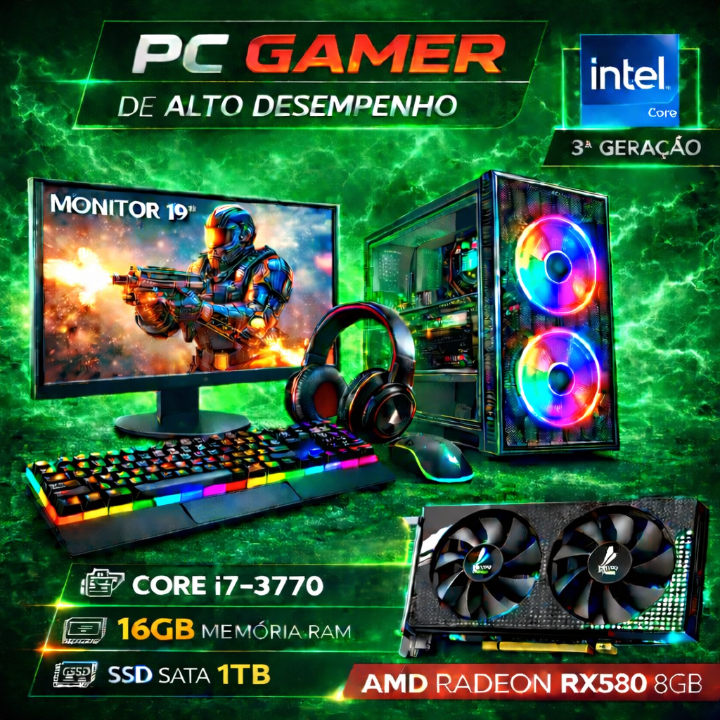 Computador Gamer Completo i7 - SSD 1TB Nvme - 16GB de RAM - Placa de Vídeo RX580 8GB - Monitor 19"