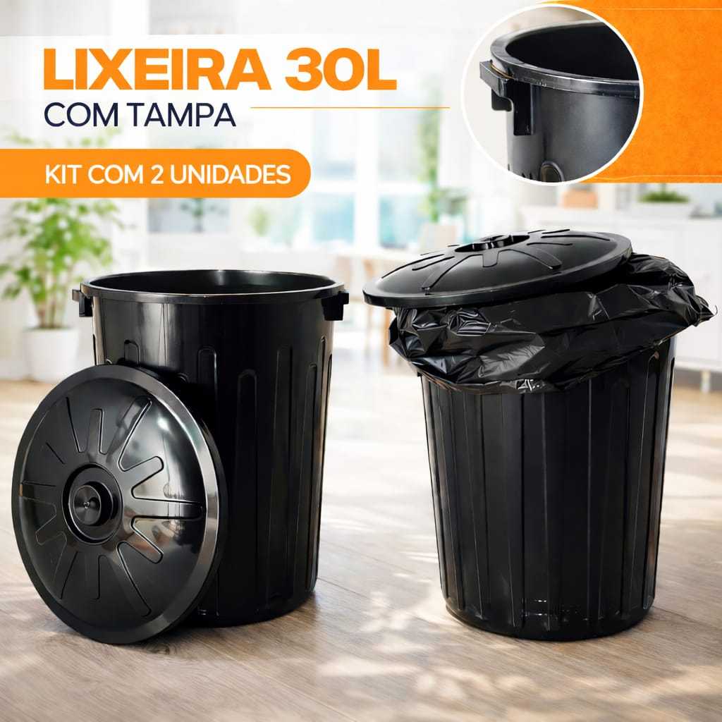 Kit Com 2 Lixeiras 30 Litros Preta  Com Tampa Balde Lixao Cesto Lixo Resistente Casas Comercios  Limpeza Organização em Oferta na Shopee