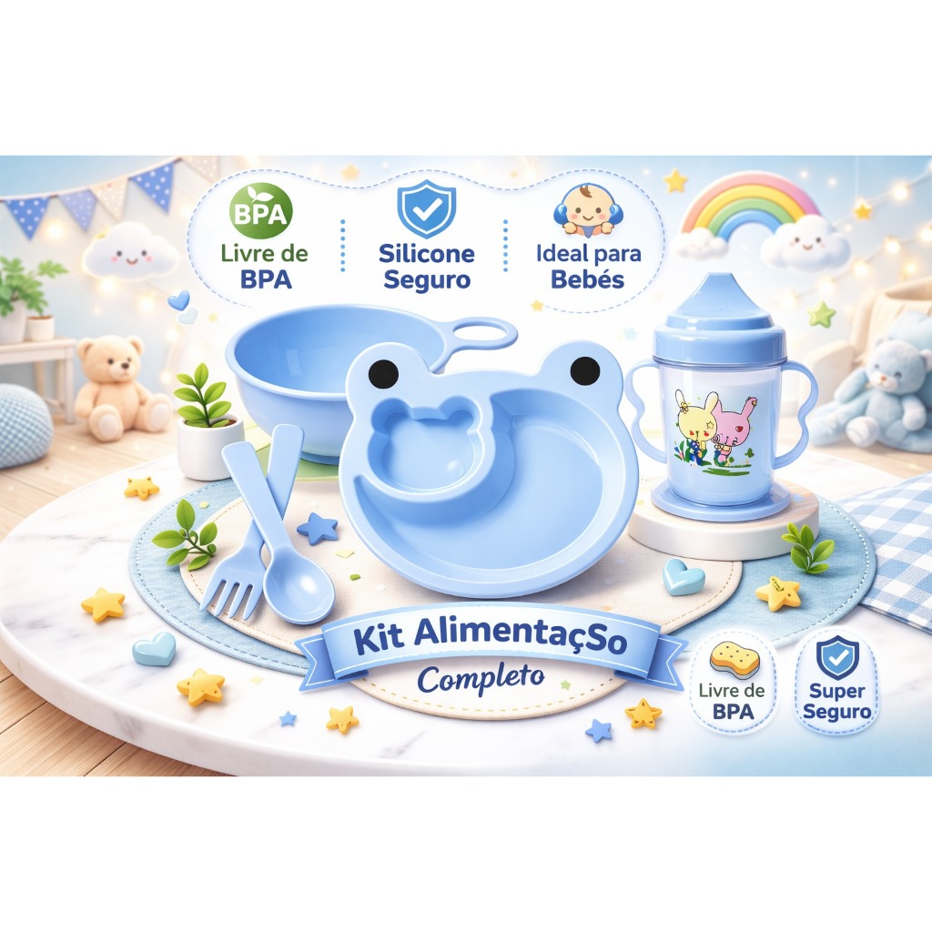 Kit Alimentação Papinha Infantil 5 peças Menino Menina Sapinho Fofo