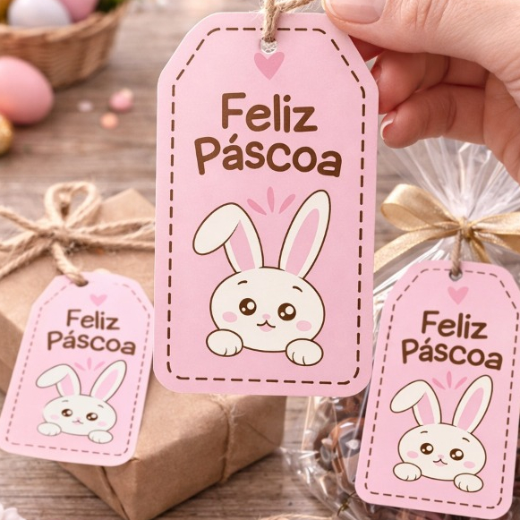 Tag Feliz Páscoa com Coelhinho – Papel Glossy 140g ou Offset 120g -- 8x4,5cm