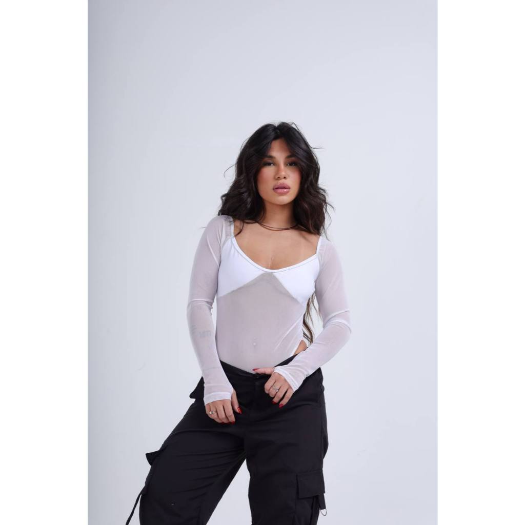 Body Selena Feminino Tule Branco Transparente Manga Longa Segunda Pele Moda Blogueira Tendência