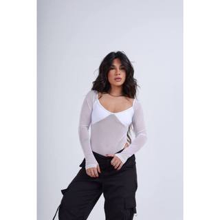 Body Selena Feminino Tule Branco Transparente Manga Longa Segunda Pele Moda Blogueira Tendência