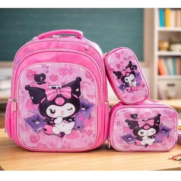 Kit Mochila 3D Kuromi Mochila Grande Lancheira Térmica Impermeável Estojo Escolar Infantil