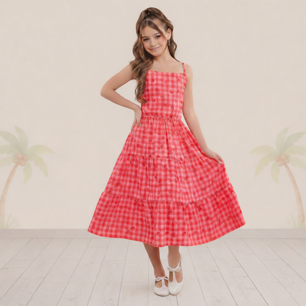 Vestido Longo Com Alças Finas Juvenil Costa Nua Moda Trançado Midi Festa Junina Xadrez Quadrilha