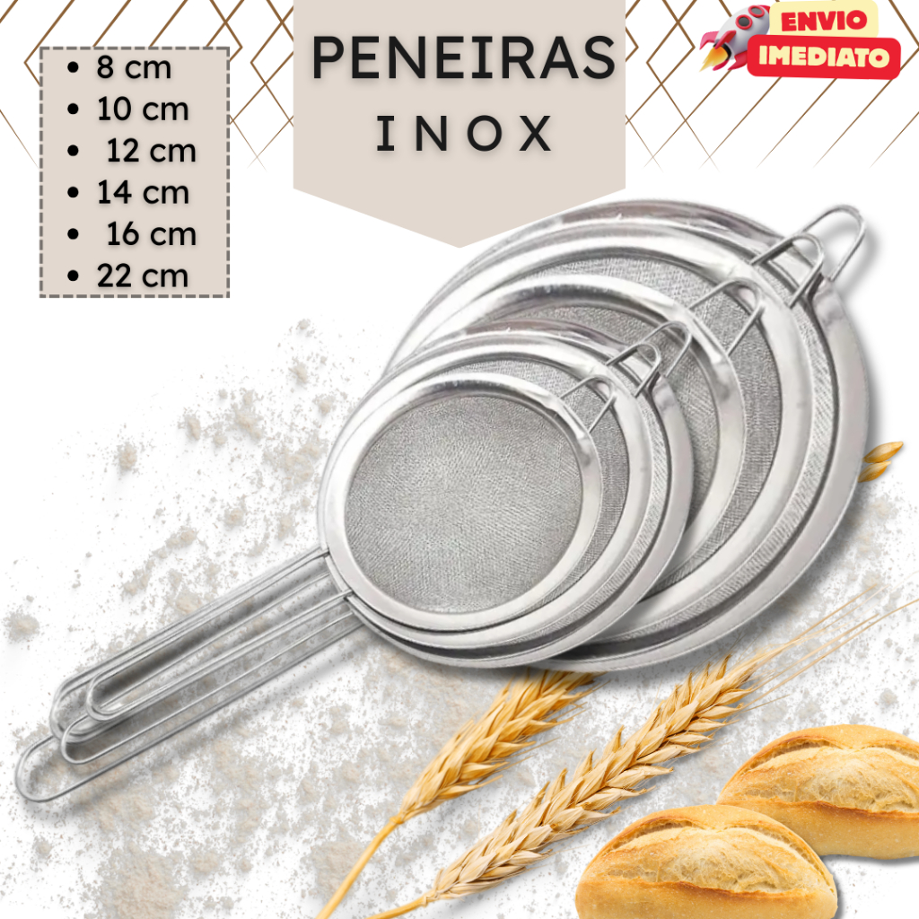 Kit Peneiras em Aço Inox – Tamanhos 8, 10, 12, 14, 16 e 22 cm - Peneira - até 6 unidades