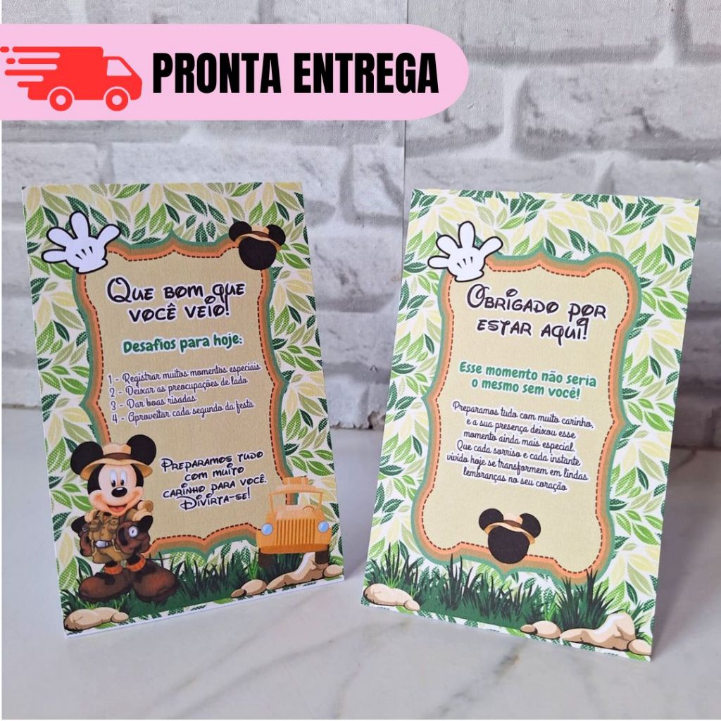 Kit Plaquinhas de Mesa Mickey Safari Personalizados Festa Lembrancinha Mimo Aniversário Infantil Cha de Bebe