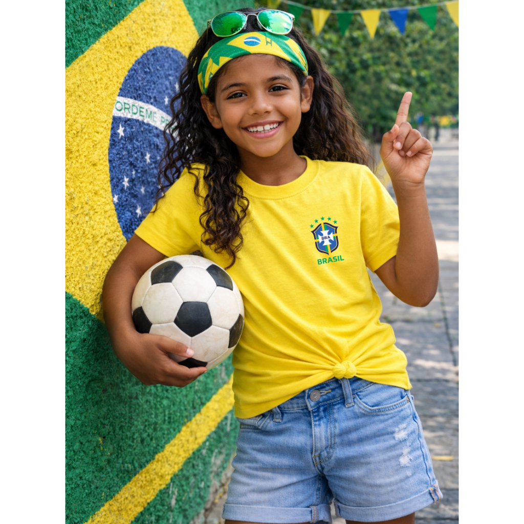 Camiseta Infantil Escudo Brasil Unisex Copa do Mundo Brasileiro Juvenil Algodão DTF06