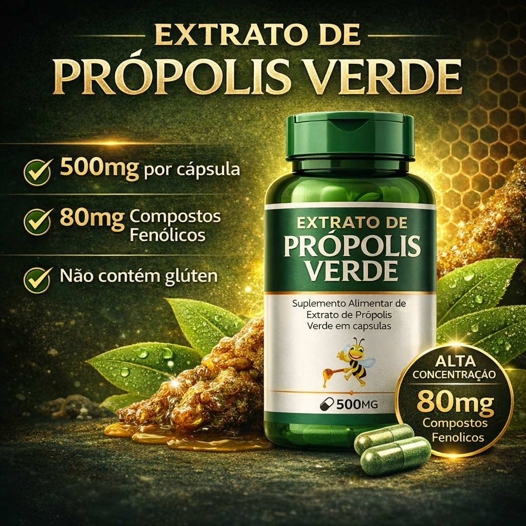 Extrato Própolis Verde 1000mg em Cápsulas | Alto Teor de Compostos Fenólicos | 60 - 120 Caps