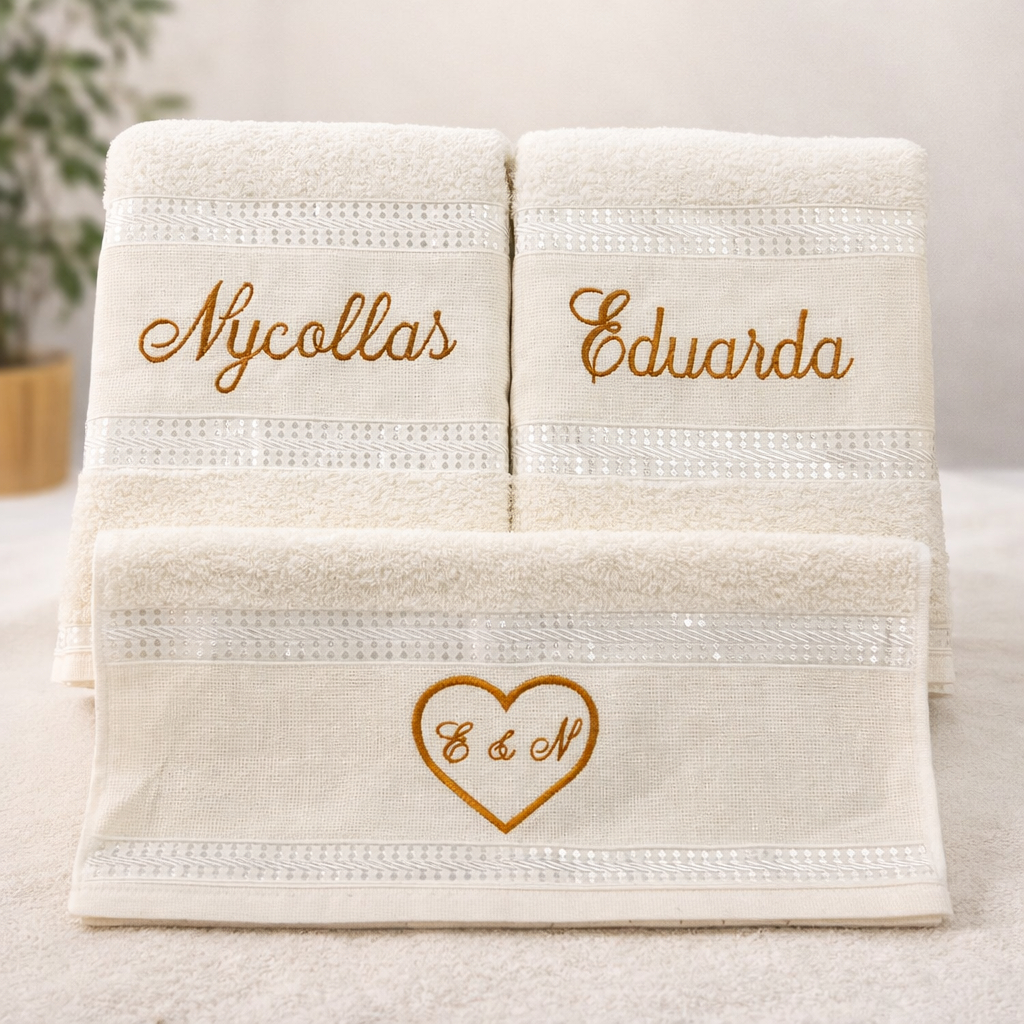 Kit Presente Casamento 2 Toalhas de Banho 1 de Rosto Bordadas Personalizadas, Grande e Macia