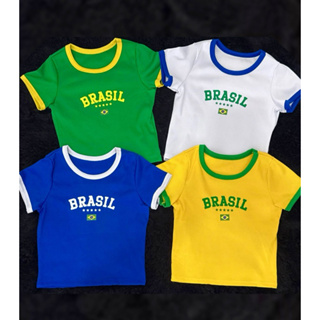 Cropped Brasil Copa Estampado Ribana Canelado Várias Cores Tendência Duocolor Bicolor em Oferta na Shopee