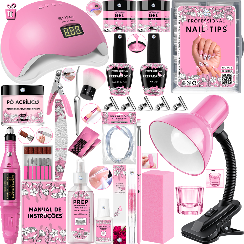 Kit Unha Gel Completo Cabine Sun 5 48W Lixadeira Caneta Pedicure e Manicure Alongamento Extensão Unhas Porcelana Acrigel em Oferta na Shopee