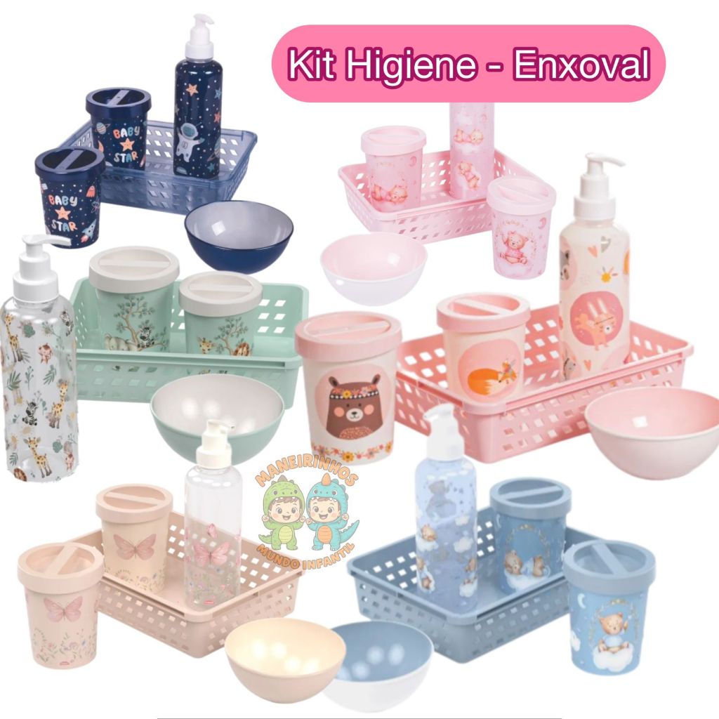 Kit Higiene Bebê 5 peças Plasutil Baby Urso Trama Organizador Infantil Porta Algodão Menino Menina