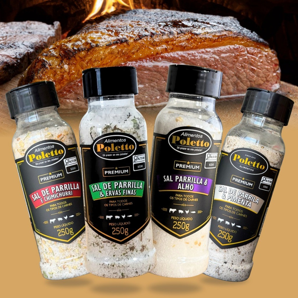 KIT 4 SAIS PARRILLA POLETTO 250G ALHO,CHIMICHURRI,ERVAS FINAS E PIMENTA