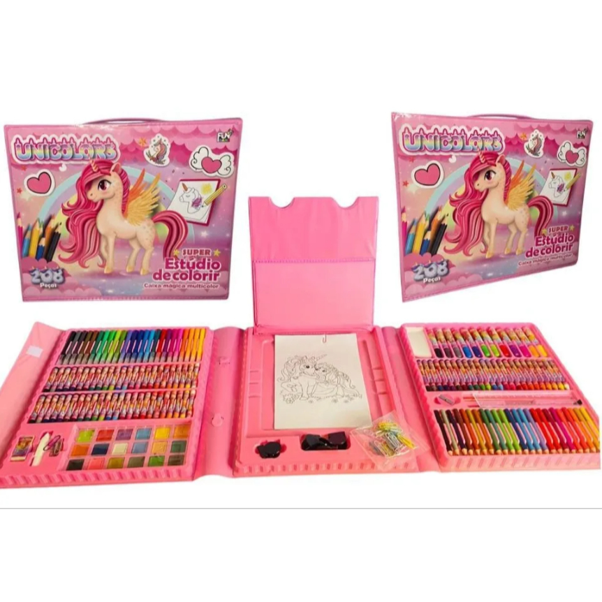 Estojo Maleta 208 Pçs Escolar Colorir Lápis Canetinha Pintura Desenhos Cola Tesoura Menina Completo