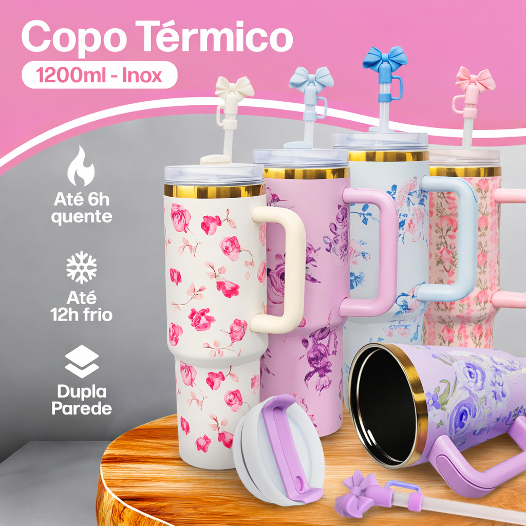 Copo Térmico com Canudo 1.2L Inox 1200mL Garrafa com Protetor de Canudo Florido Personalizado Floral em Oferta na Shopee