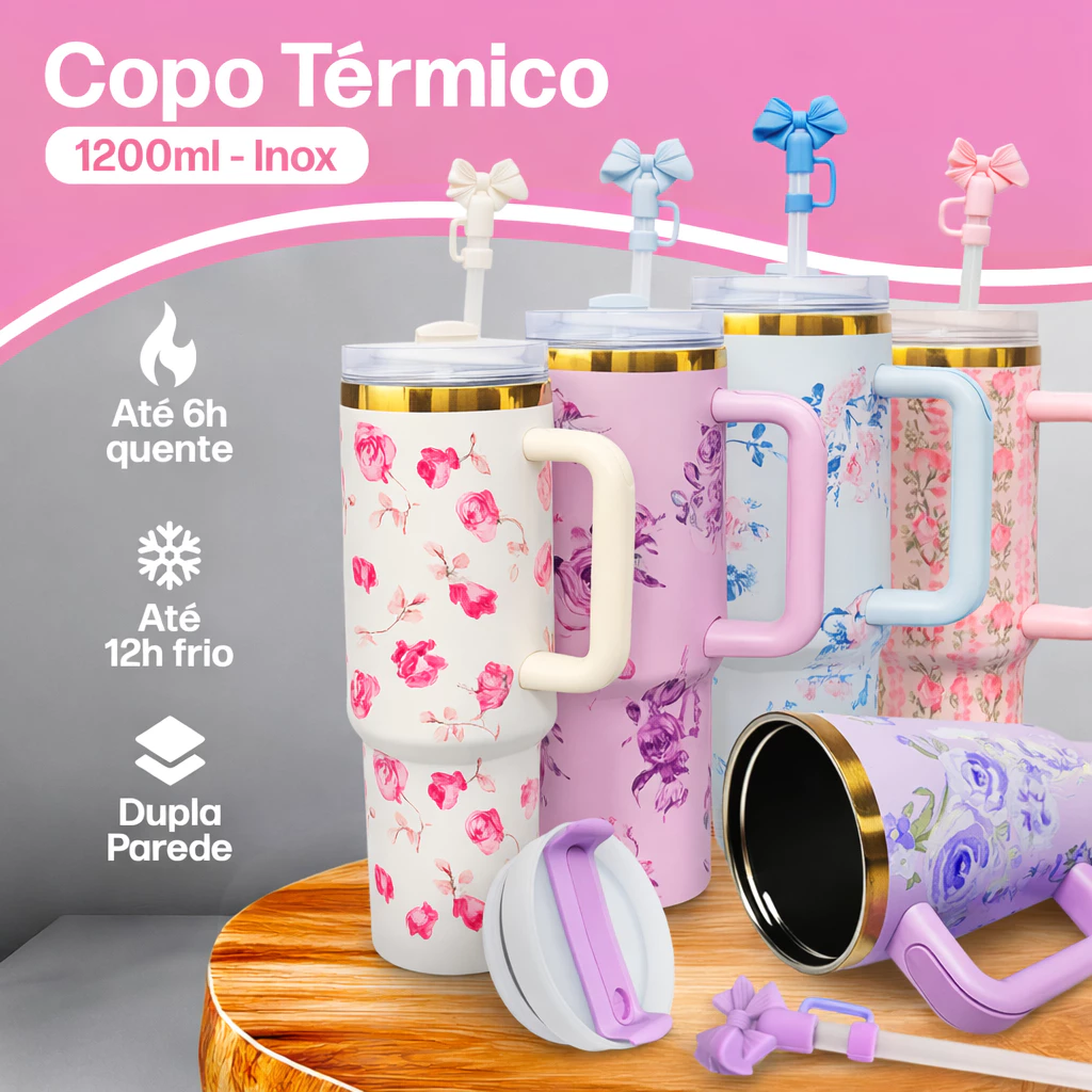 Copo Térmico com Canudo 1.2L Inox 1200mL Garrafa com Protetor de Canudo Florido Personalizado Floral — imagem 1