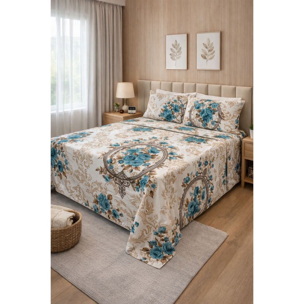 Jogo de Lençol Cama Queen Estampado 3pç S/Elástico Micropercal 500 Fios Toque Macio de Algodão