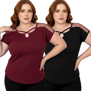 kit  c/2 Blusinhas feminina  plus size de manga tule decote V moda primavera verão em Oferta na Shopee