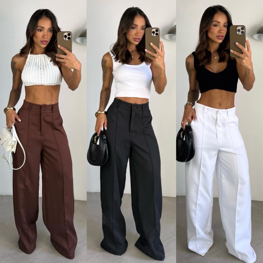 Calça Pantalona Alfaiataria Feminina Modelo Cintura Alta Social Premium Wide Leg Com Bolso Luxo Moda