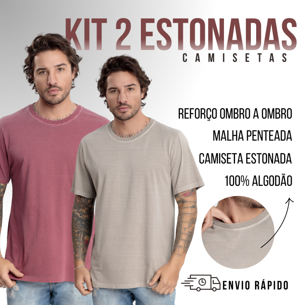 Kit 2 Camisetas Estonadas Masculinas 100% Algodão Malha Penteada em Oferta na Shopee