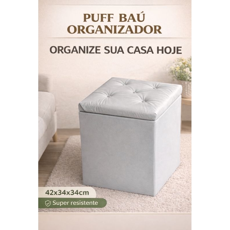 Puff Baú Organizador Branco Dobrável 42x34x34cm Com Tampa | Assento Decorativo Multiuso