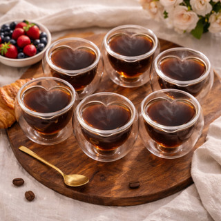 Conjunto com 06 Copos Café, chá, bebidas quentes  Borossilicato Love Coração Parede Dupla 90ml Casal, Café Minimalista.